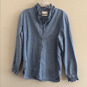 J. Crew Indigo Chambray Ruffled Blouse